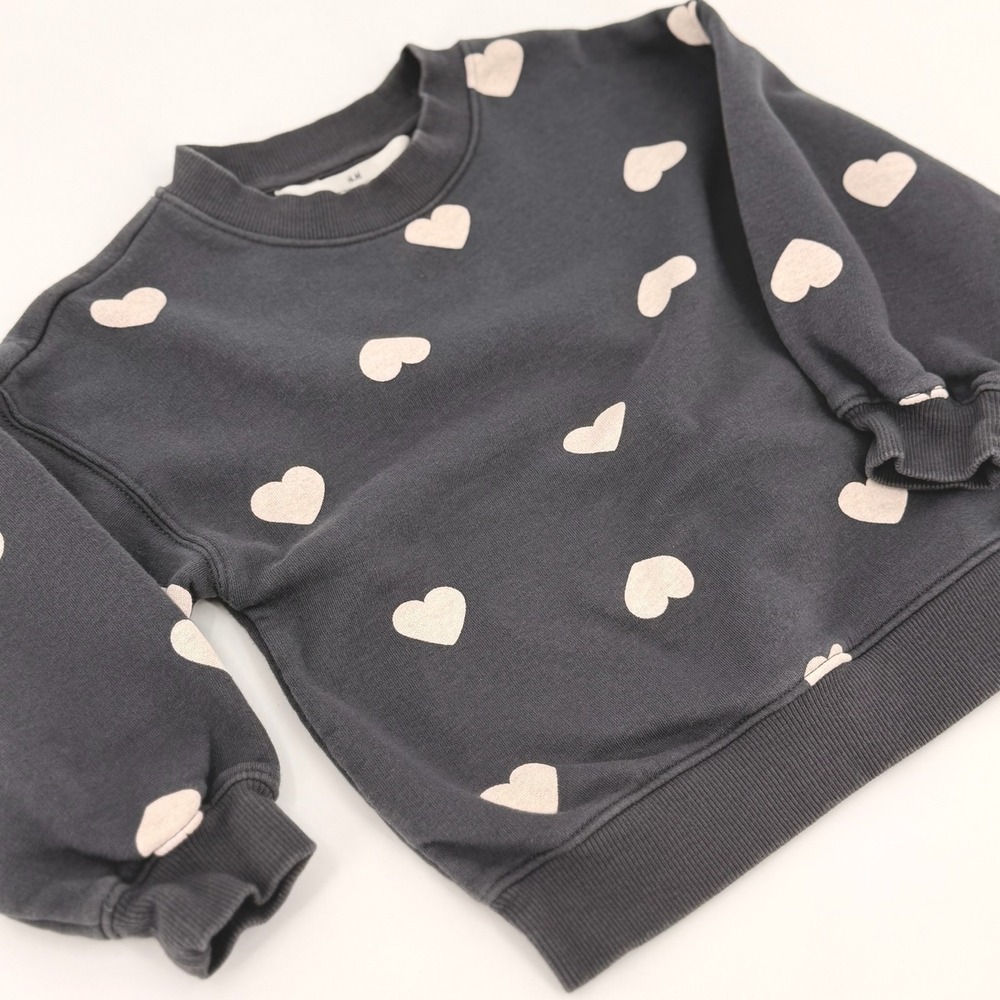 H&M Heart Print Sweatshirt Kids 3-4T Charcoal Grey Excellent Fleece Pullover